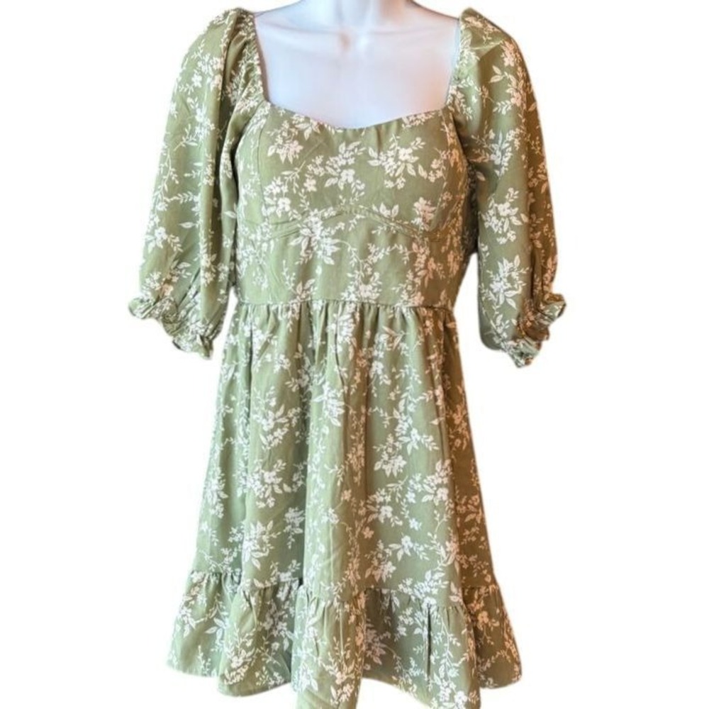 INSPIRED HEARTS Milk Maid Style Square Neck Green Floral Mini Dress Large NWT